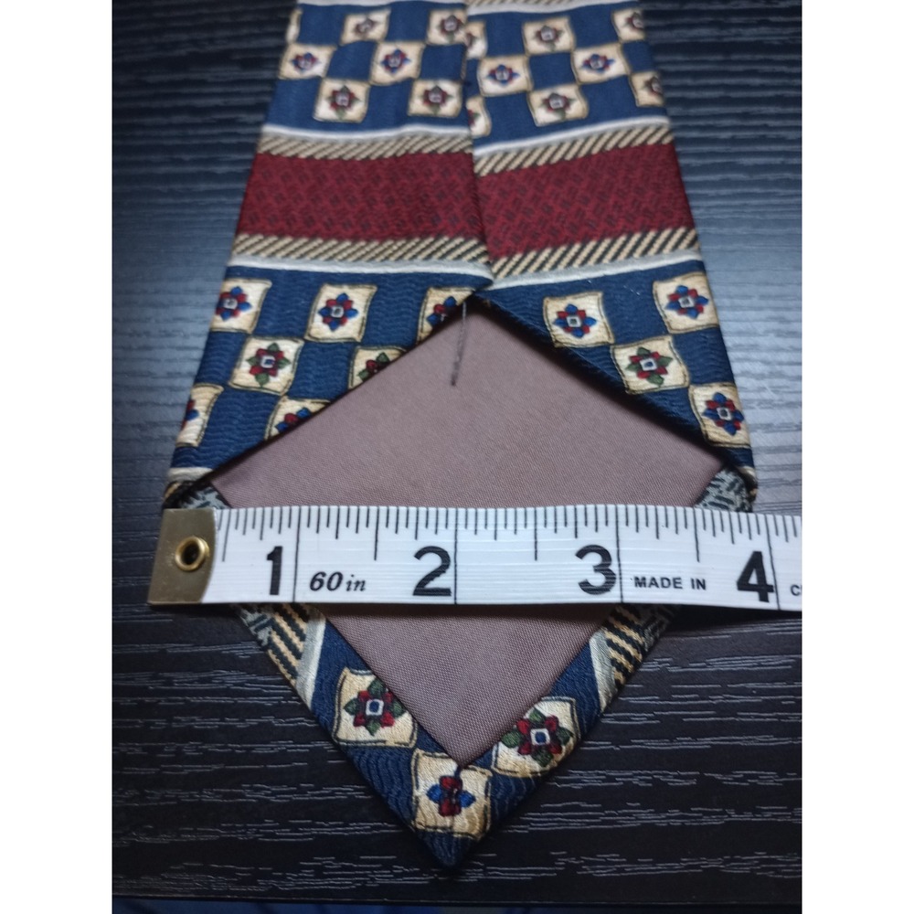Vintage Perry Ellis Portfolio Silk Tie USA Made Navy Red Geometric Medallion... - Picture 4 of 4